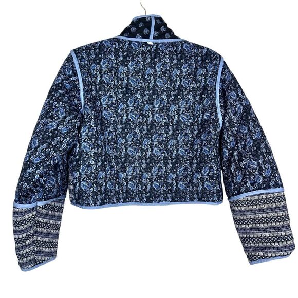 Puffer Jacket Womens Small Blue Pink Floral Paisley Quilted Reversible Cropped - Picture 2 of 13